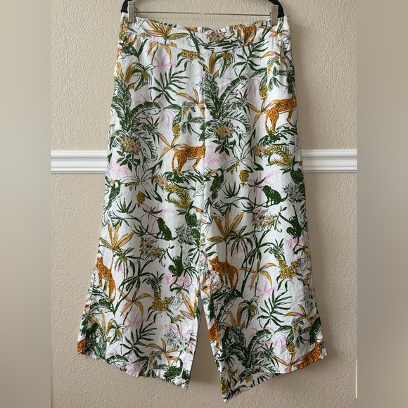 100% Linen Tropical Jungle Wide Leg Pull On Elastic Waist Cropped White Pants XL - Picture 3 of 12